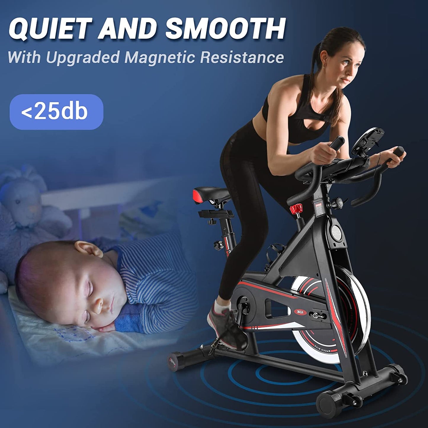 Exercise Bike, DMASUN Magnetic Resistance Pro Indoor Cycling Bike 350lbs Weight Capacity Stationary Bike, Comfortable Seat Cushion, Multi - grips Handlebar, Heavy Flywheel Upgraded Version